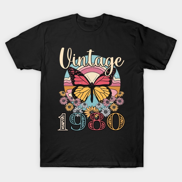 Floral Butterfly Retro Vintage 1980 43rd Birthday T-Shirt by Vladis